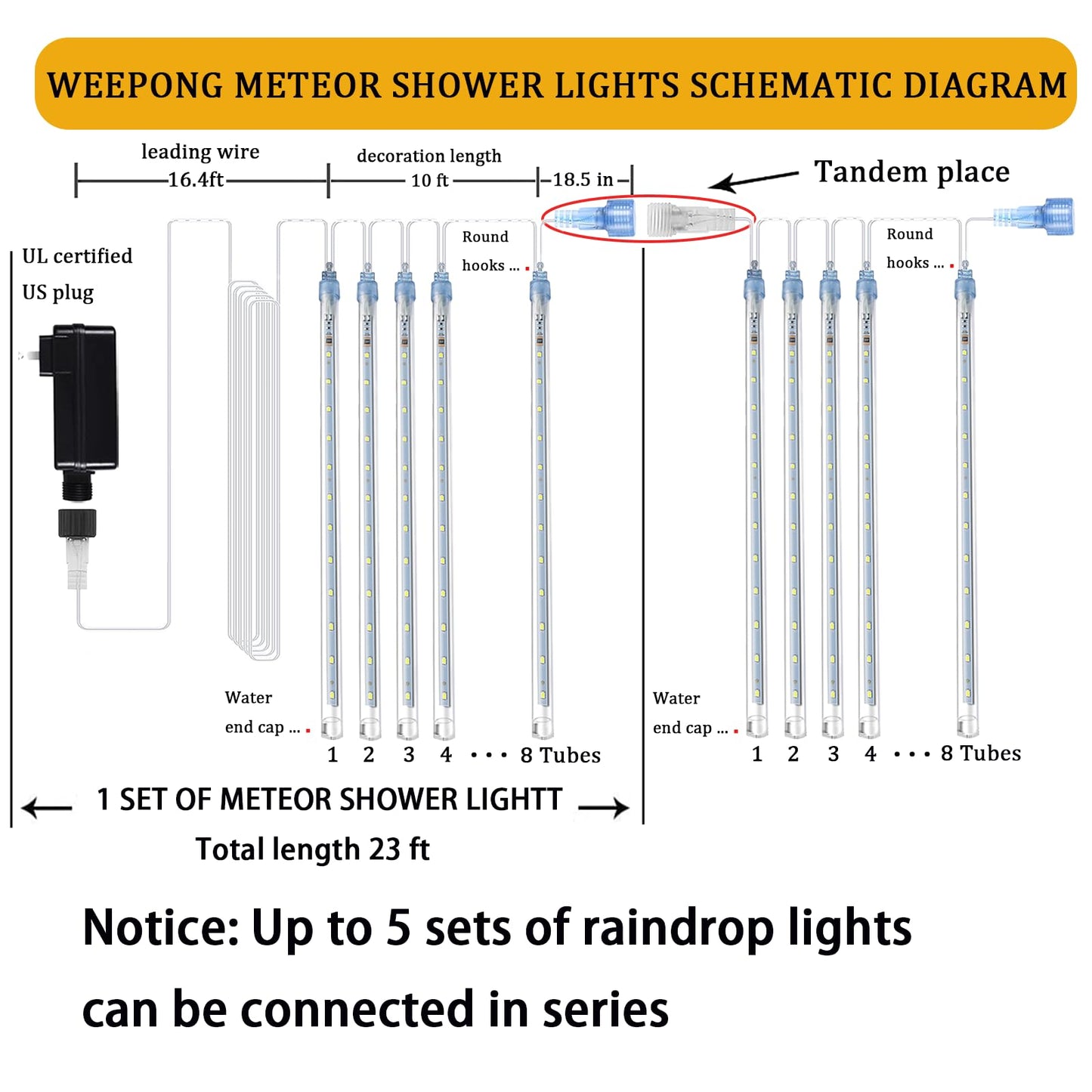 Weepong Meteor Shower Lights Outdoor Christmas Lights UL Certified Falling Rain Drop Snowfall Icicle Cascading String Light for Xmas Holiday Tree Wedding Party Garden Decor Blue, 12 Inch 8 Tubes