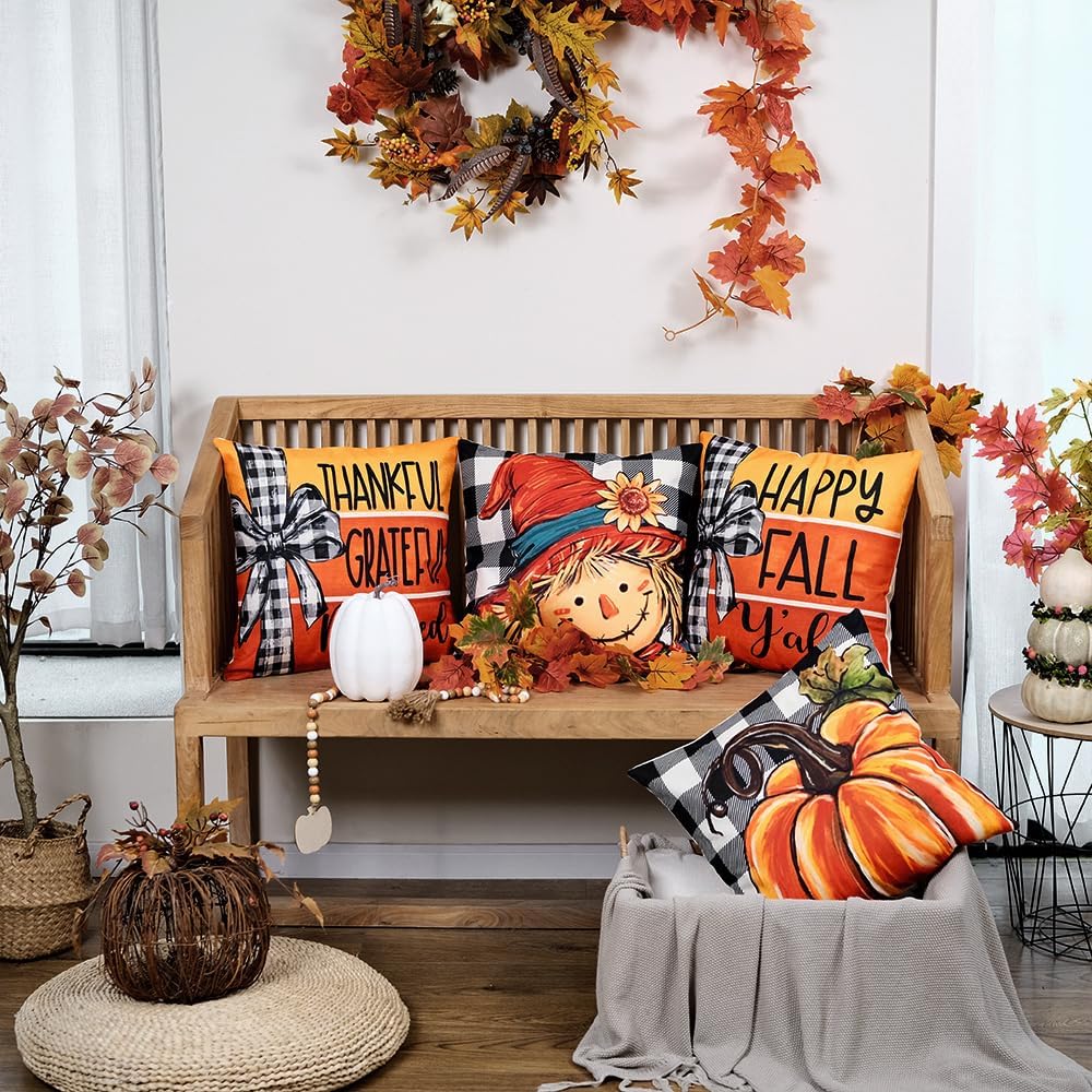 GEEORY Fall Throw Pillow Covers 18x18 Inch Set of 4, Buffalo Plaid Pumpkin Scarecrow Orange Cushion Case for Sofa & Bed Autumn Thanksgiving Decor Farmhouse Home Decoration