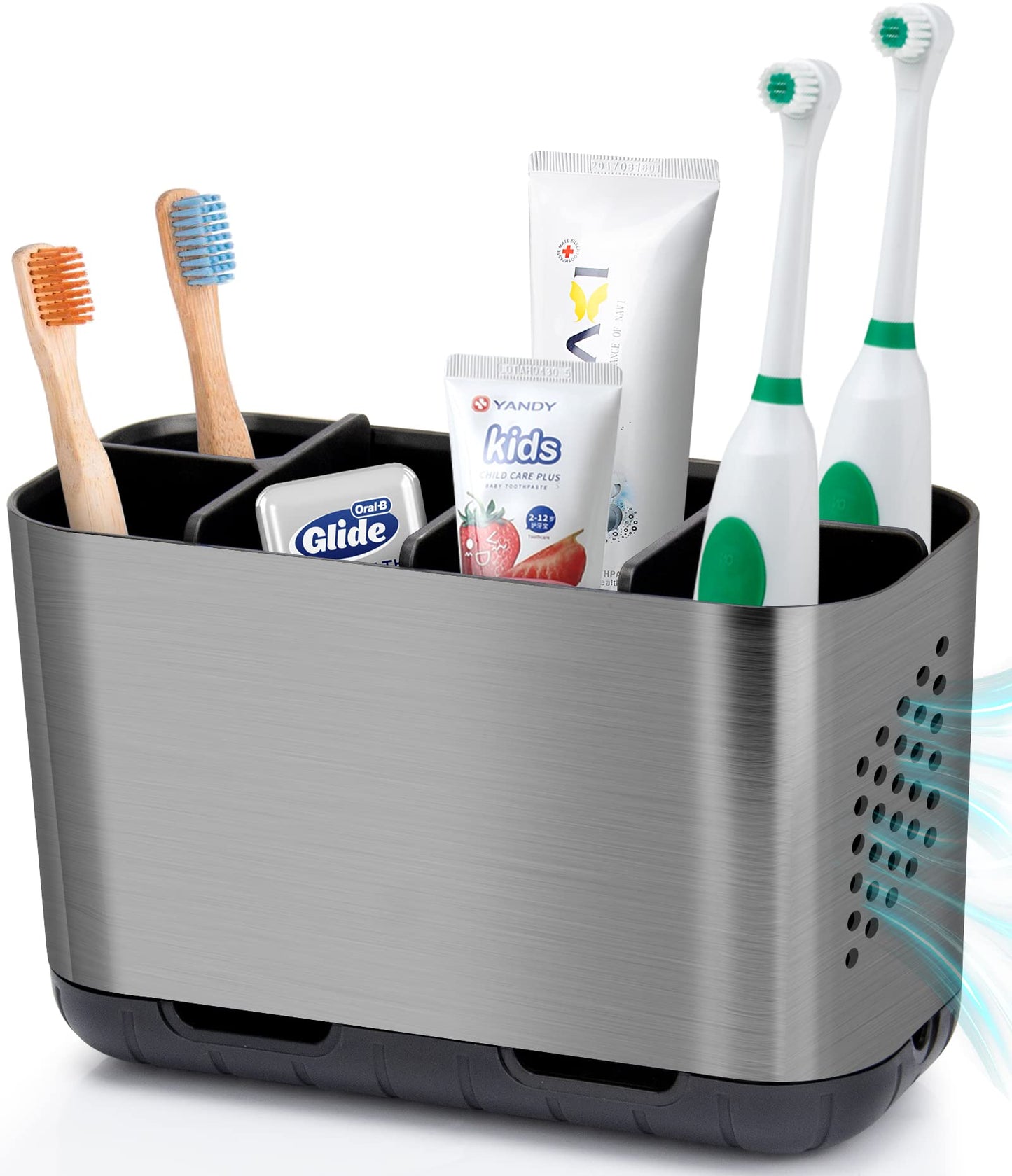Boperzi Toothbrush and Toothpaste Holder Drainage for Bathroom Countertop with Adjustable Dividers, Large Toothpaste Caddy Organizer Storage Rustic Decor Set Anti-Slip for Shower,Family,Kids Gray
