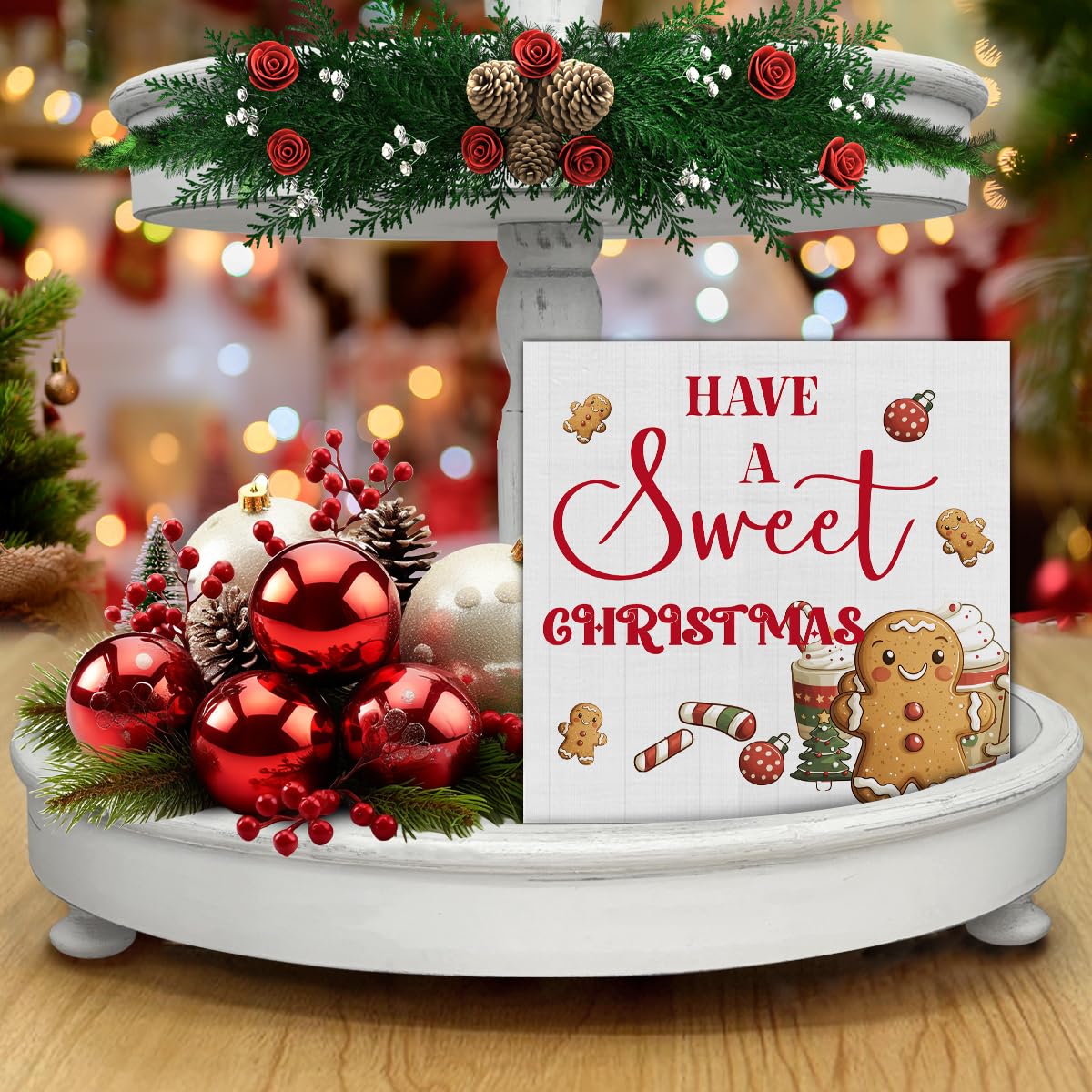 Christmas Kitchen Decorations, Hot Cocoa Wooden Sign Gingerbread Decor, Farmhouse Christmas Wooden Block Sign, Christmas Home Decor for Table Shelf 5 x 5 Inch