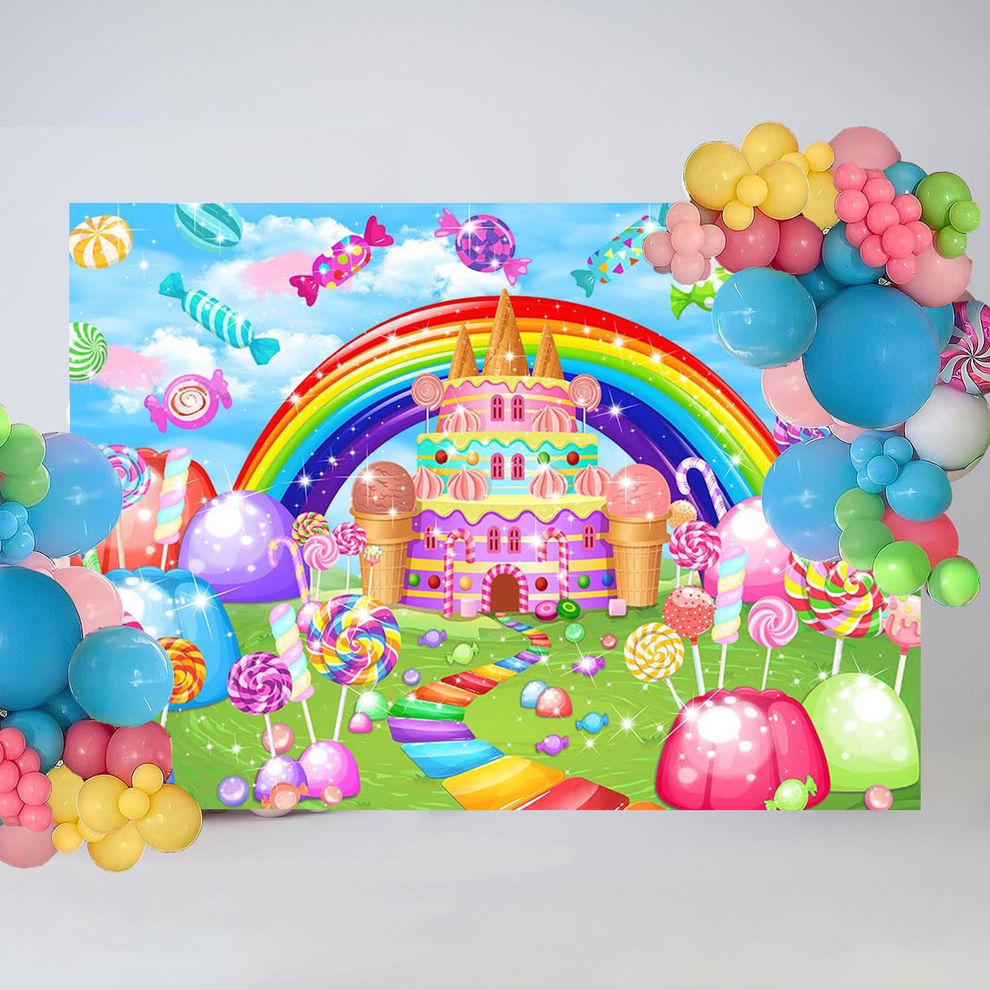 Mocsicka Sweet Candyland Backdrop Lollipop Sweetest Candy Theme Birthday Party Decoration for Girl Candy Ice Cream Castle Rainbow Party Banner Sweetest Day Wall Decorations(82''x60'')