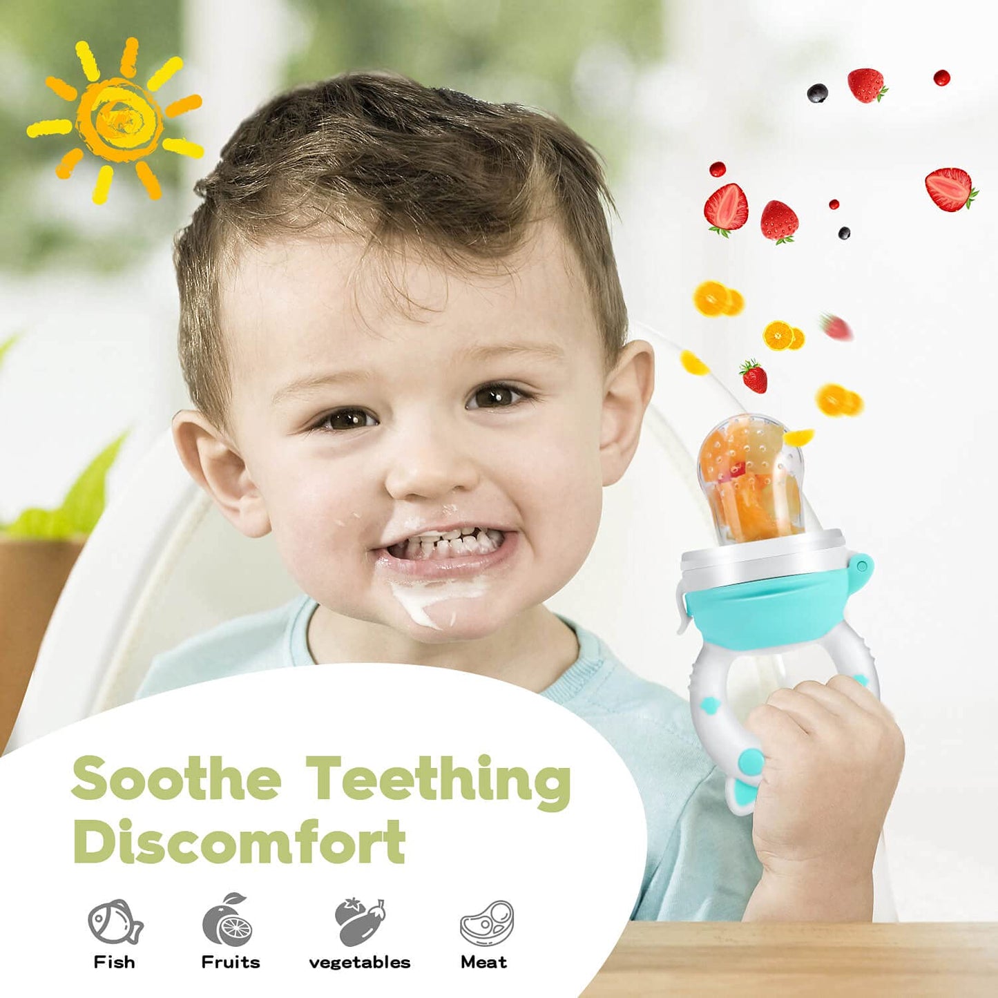 Baby Fruit Food Feeder Pacifier - Fresh Teething Pacifiers, Infant Fruit Teething Teether Toy for 3-24 Months, 6 Pcs Silicone Pouches for Toddlers & Kids & Babies, Piggy Handle 2-Pack (Green & Gray)