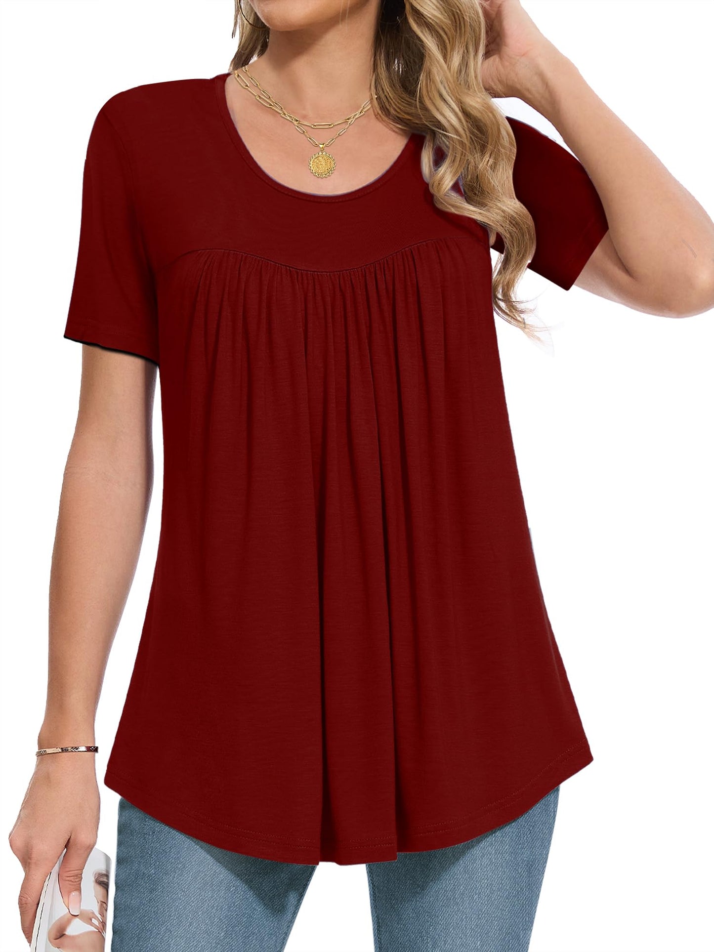 MUSE SHOW Women's 2025 Summer Tops Short Sleeve Tunic Shirts Casual Comfy Blouse Wine Red M