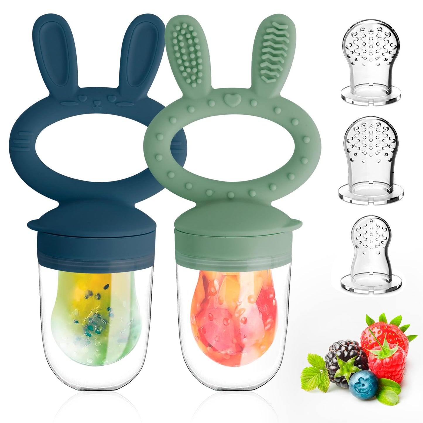 HAOBAOBEI Baby Solids/Frozen Fruit Feeder Pacifier, Infant Teether Toy 4M+, BPA-Free Silicone Pouch & Nipple, Safely Introduce Solids, Teething Relief, 2-Pack - Blue/Green (Rabbit)