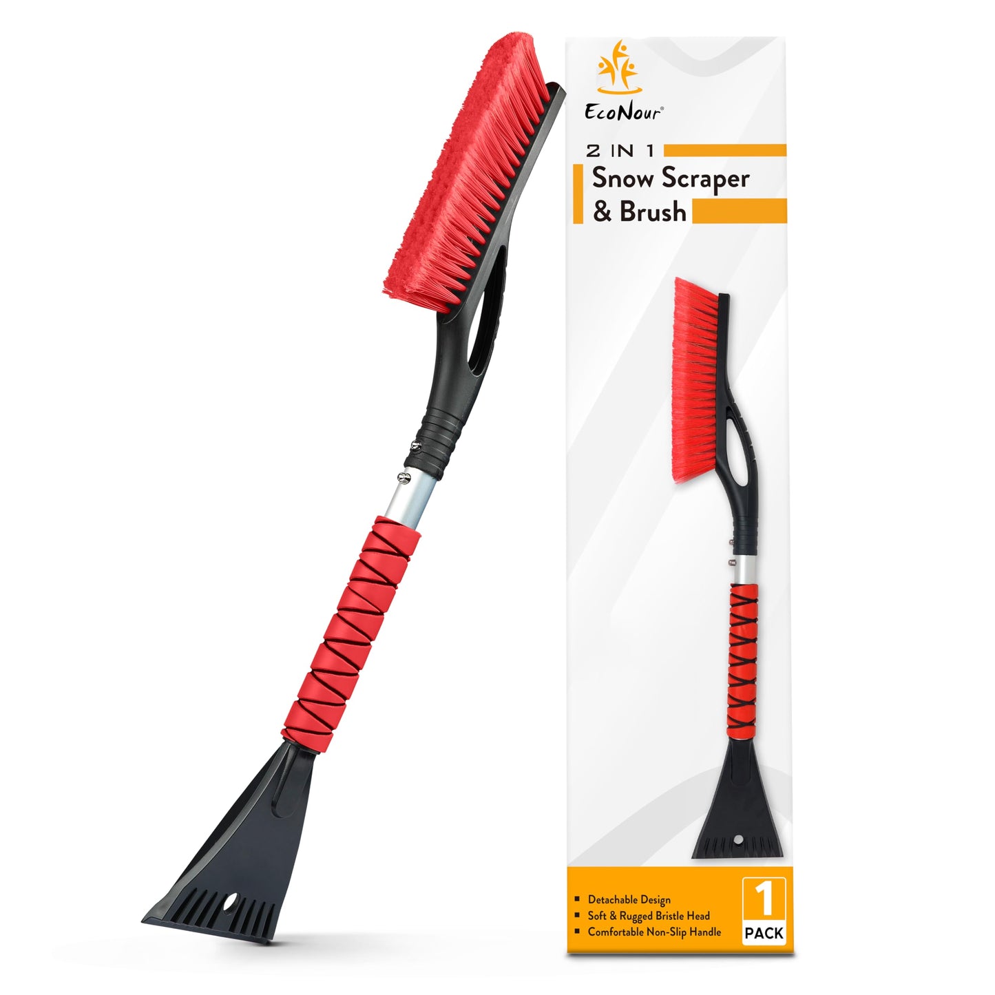 EcoNour 27" Aluminum Car Snow Scraper and Brush (Orange, Red, Green & Blue) | Weaved Bristle Head with Metal Body Ice Scraper for Car Windshield | Ice Scraper with Foam Grip Winter Accessory | 4 Pack