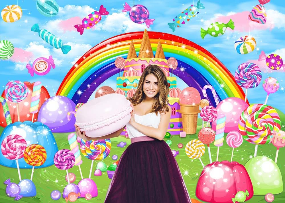 Mocsicka Sweet Candyland Backdrop Lollipop Sweetest Candy Theme Birthday Party Decoration for Girl Candy Ice Cream Castle Rainbow Party Banner Sweetest Day Wall Decorations(82''x60'')