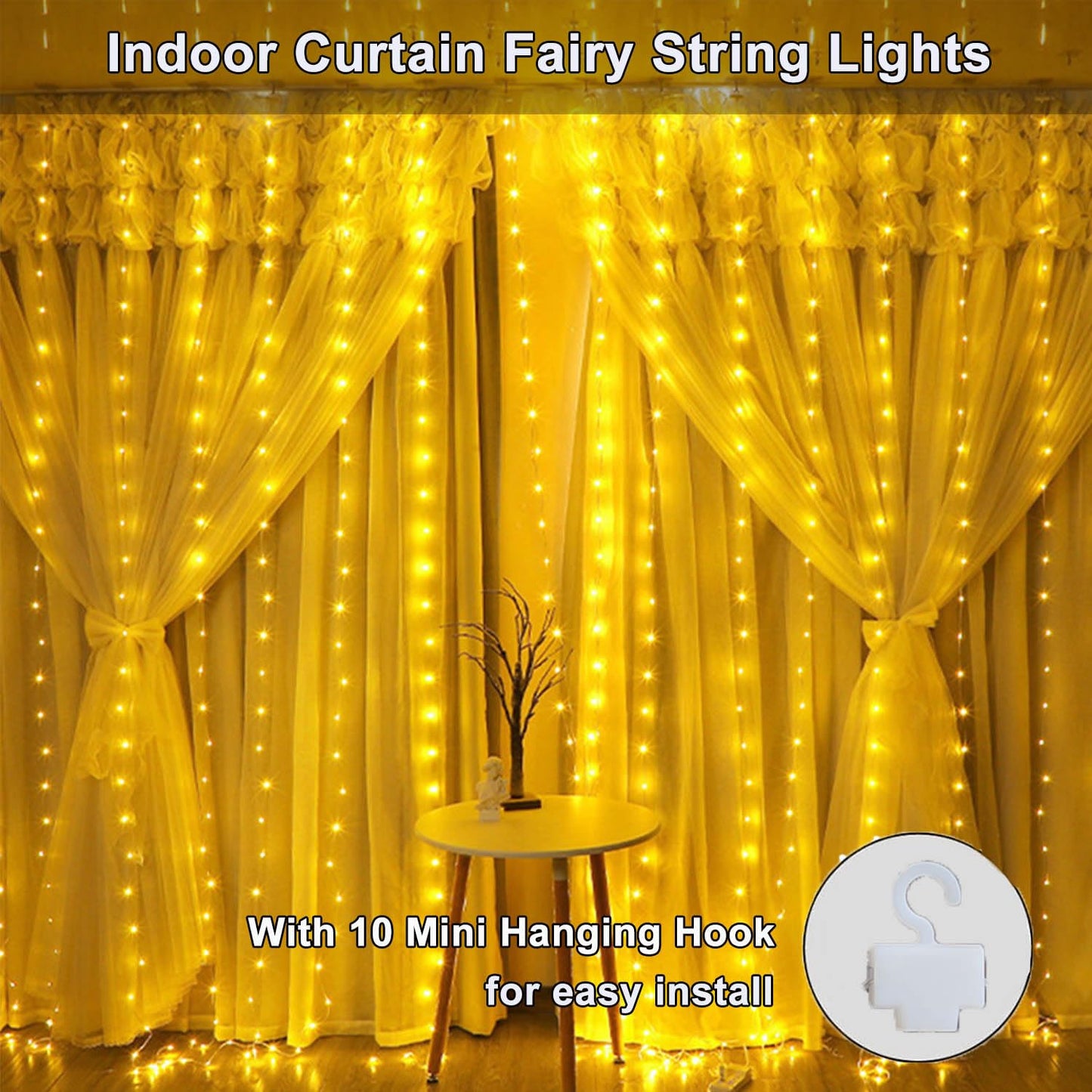 300 LED Curtain String Lights, Fairy String Lights with 8 Light Modes & Remote Controlled, 9.8x9.8ft Indoor Outdoor String Lights for Christmas, Weddings, Party, Bedroom, Wall, Window (Warm White)