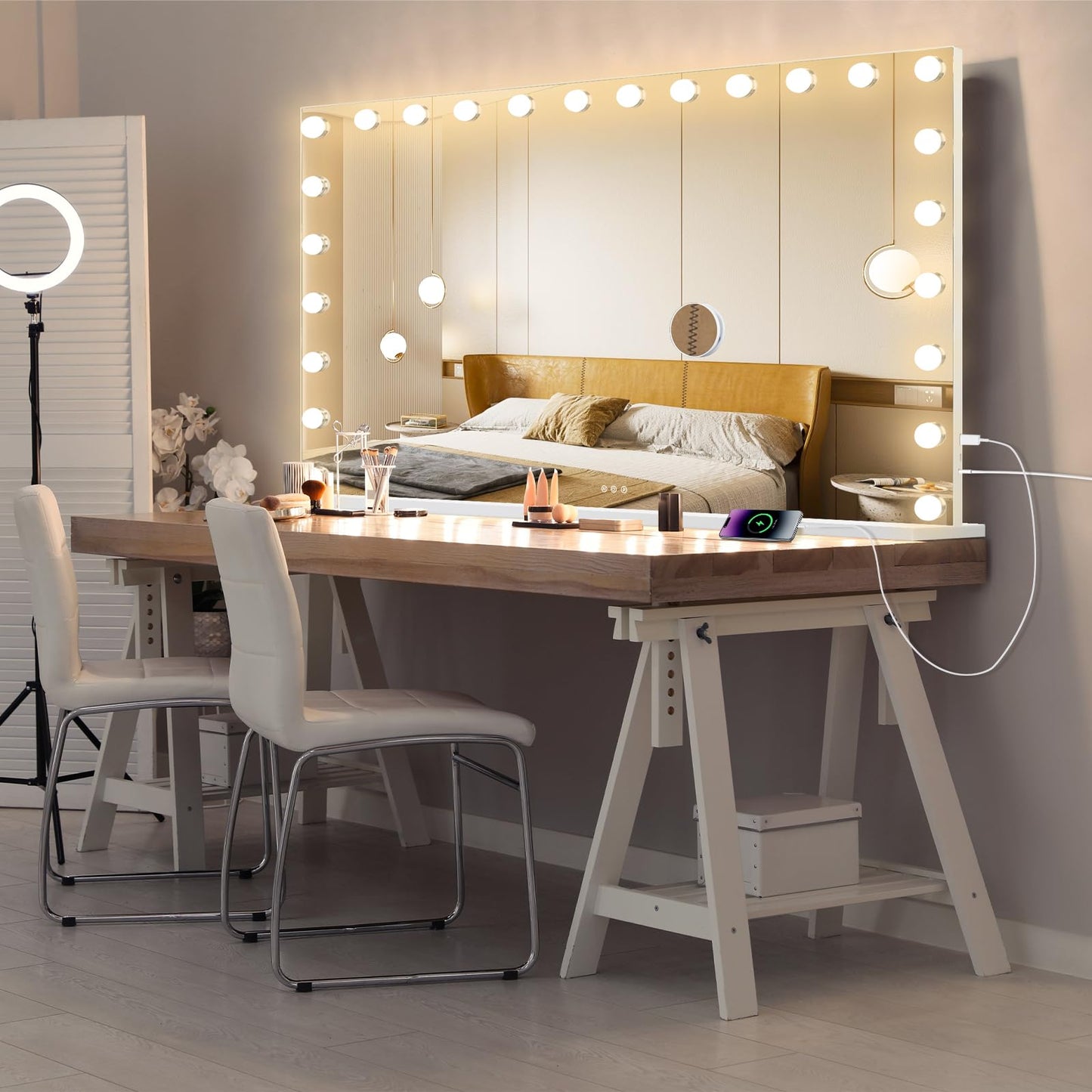 Ratsamee Hollywood Mirror with Lights, 24 Bulbs,3 Color Lights,Make Up Lighted Mirror, Aluminum Metal Frame,USB Charging Port(48" x 30")