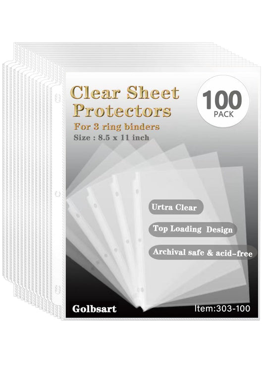 Sheet Protectors 8.5 x11 Inch, 100 Pack Page Protectors for 3 Ring Binder, Top Loading Plastic Sleeves with Reinforced 3-Hole Punch for Binders, Letter Size, for Documents and Photos, Office Supplies.