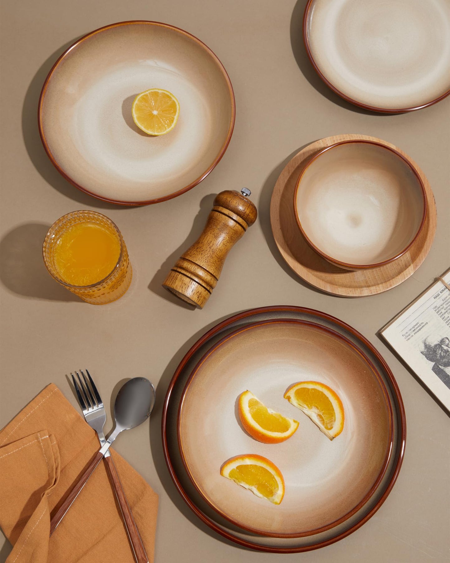 Pokini Stoneware Dinnerware Set Service for 4, 12 pcs Reactive Glaze Plates and Bowls Sets, Handmade Round Dishes Set, Highly Chip and Crack Resistant Modern Plate Set, Brown Yellow