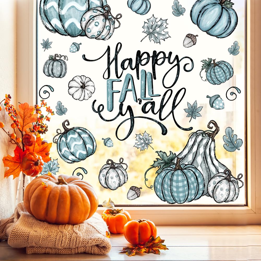 YUJUN 6 Sheets Thanksgiving Fall Window Clings, Pumpkin Maple Leaves Blue Oil Painting Decals Stickers for Autumn Glass Home Decor and Fall Decoration