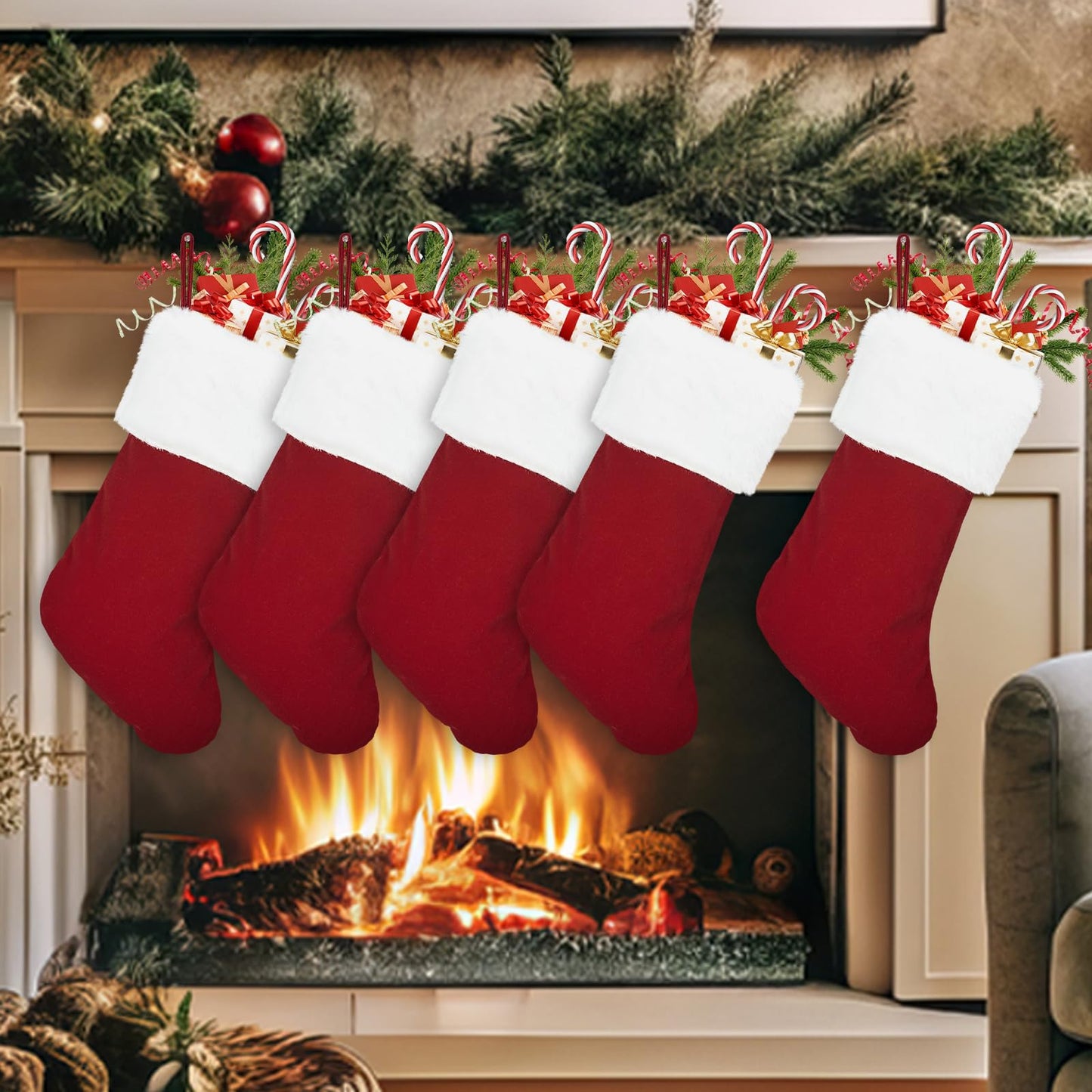 5 Pack Christmas Tradition Stockings, 18'' Family Christmas Stockings, Large Super Soft Christmas Stockings Red Velvet with White Super Soft Plush Cuff for Christmas Xmas Tree Holiday Fireplace H3