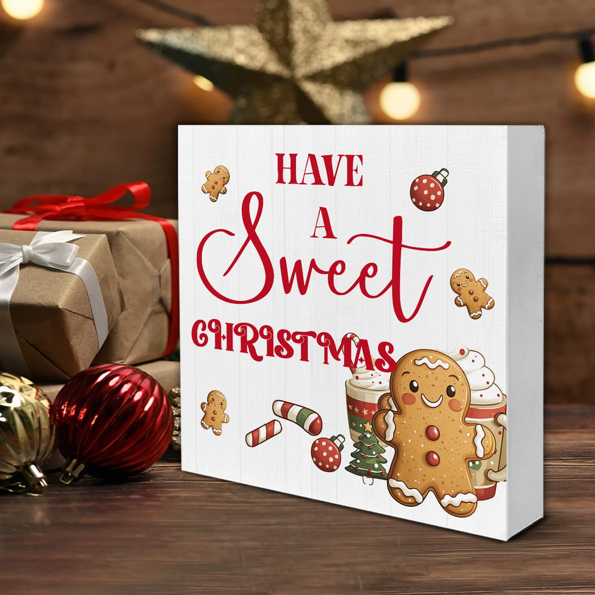 Christmas Kitchen Decorations, Hot Cocoa Wooden Sign Gingerbread Decor, Farmhouse Christmas Wooden Block Sign, Christmas Home Decor for Table Shelf 5 x 5 Inch