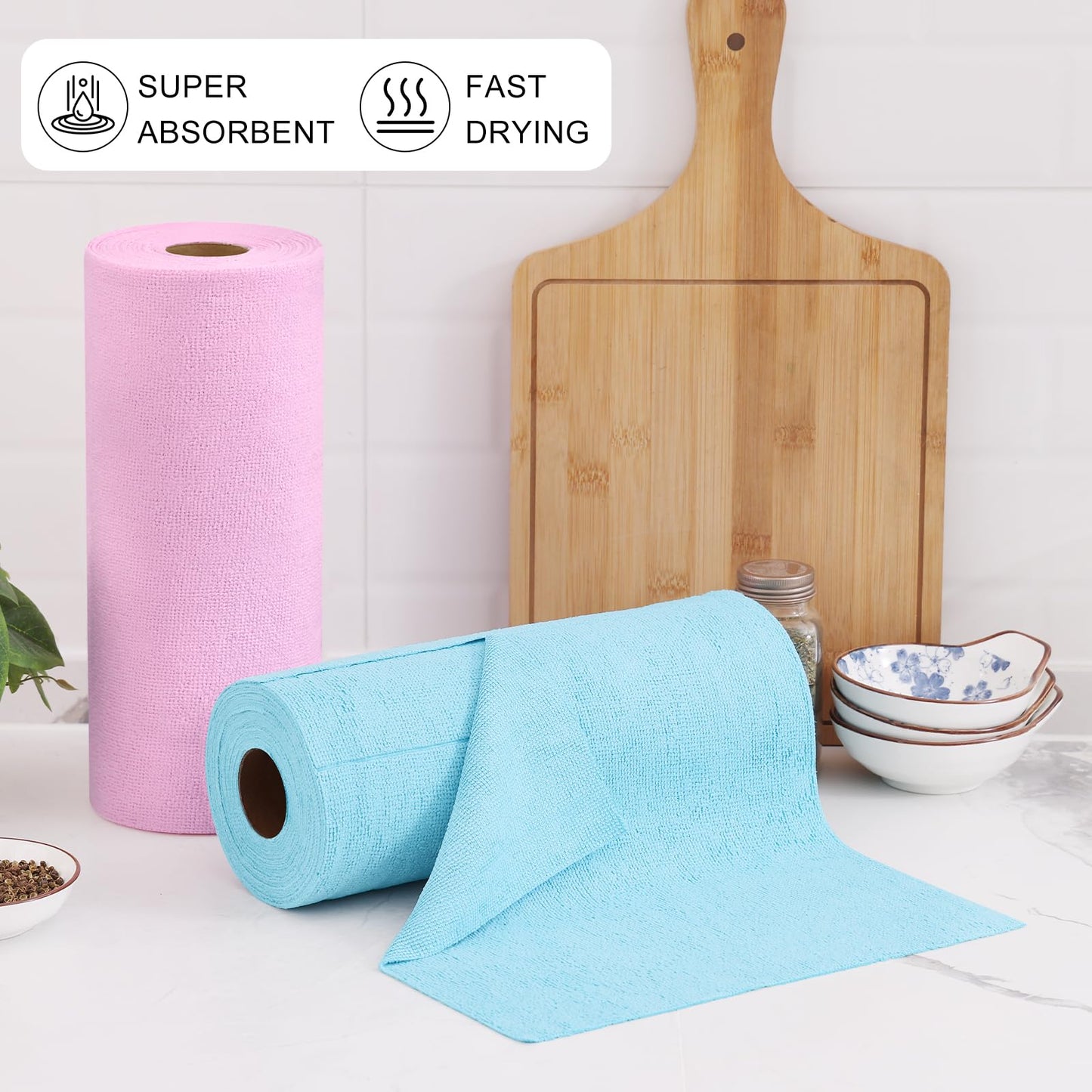 Homaxy Tear Away Dish Cloths Rolls, 40 Sheets-11.8" X 11.8", Reusable Washable Dish Towels for Kitchen, Ultra Absorbent and Quick Drying Microfiber Cleaning Rags, Pink