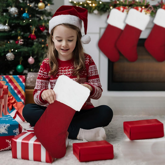 5 Pack Christmas Tradition Stockings, 18'' Family Christmas Stockings, Large Super Soft Christmas Stockings Red Velvet with White Super Soft Plush Cuff for Christmas Xmas Tree Holiday Fireplace H3