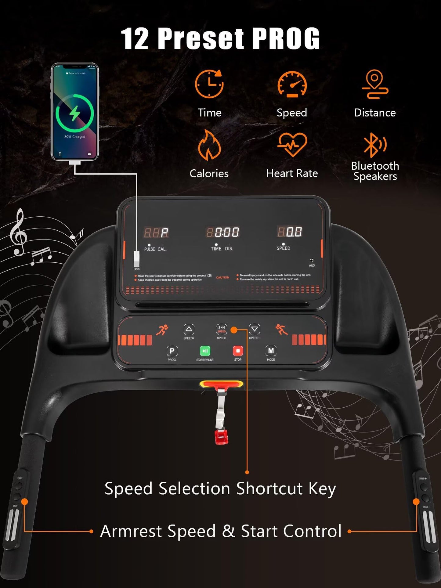 Treadmills for Home, 3.0 HP Folding Treadmill with Incline, Portable Treadmill 300 lbs Capacity, Caminadora Elรฉctrica Para Casa, Small Treadmills With Charge Staion & Bluetooth Speaker For Small Space