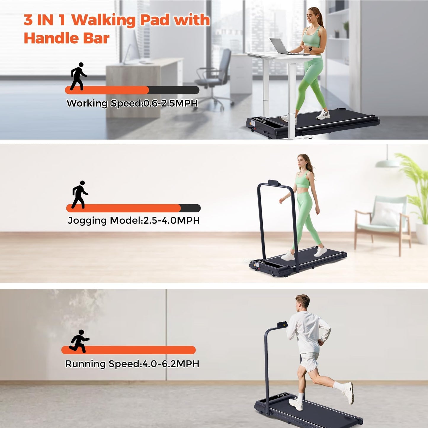 Walking Pad with Handle Bar, 3.0HP Foldable Folding Treadmills for Home Small, 3 in 1 Portable Treadmill with Handles, Small Walking Pad Treadmill Home with Remote Control, 320LB Capacity
