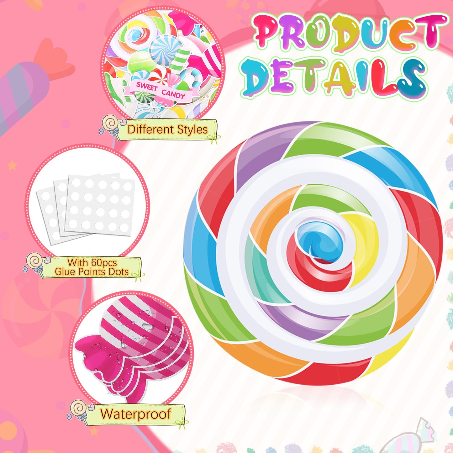 Pasimy 60 Pcs Candy Decorations Candy Cupcake Ice Cream Donut Cutouts Bulletin Board Set Sweet Paper Cutouts for Birthday Door Window Wall Party Supplies (Candy)
