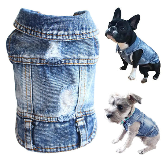 Jean Jacket, Puppy Blue Denim Lapel Vest Coat Costume, Dog T-Shirt Clothes, Cool and Funny Apparel Outfits, Machine Washable Pet Outfits for Small Medium Dogs Cats (XS)