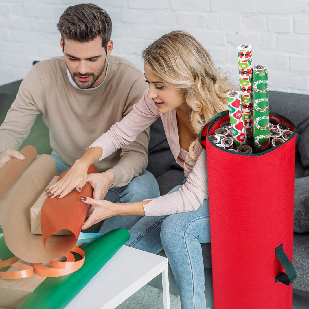 Primode Wrapping Paper Storage Bag | Wrapping Paper Organizer Under Bed for Storing Multiple Rolls of Gift Wrap, 40” Length Container Constructed of Durable 600D Oxford Material (Red)