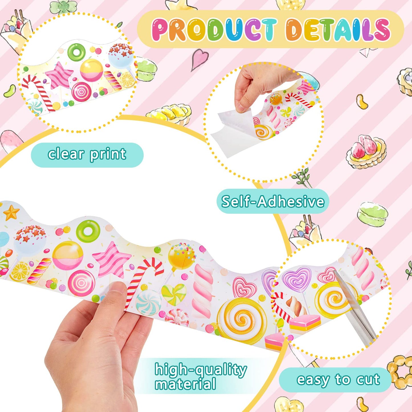 Outus 65.6ft Candyland Bulletin Board Border Lollipop Self Adhesive Scalloped Border Trims Sweet Themed Cutouts Bulletin Board for Classroom School Door Desk Supplies, Birthday Party Decorations