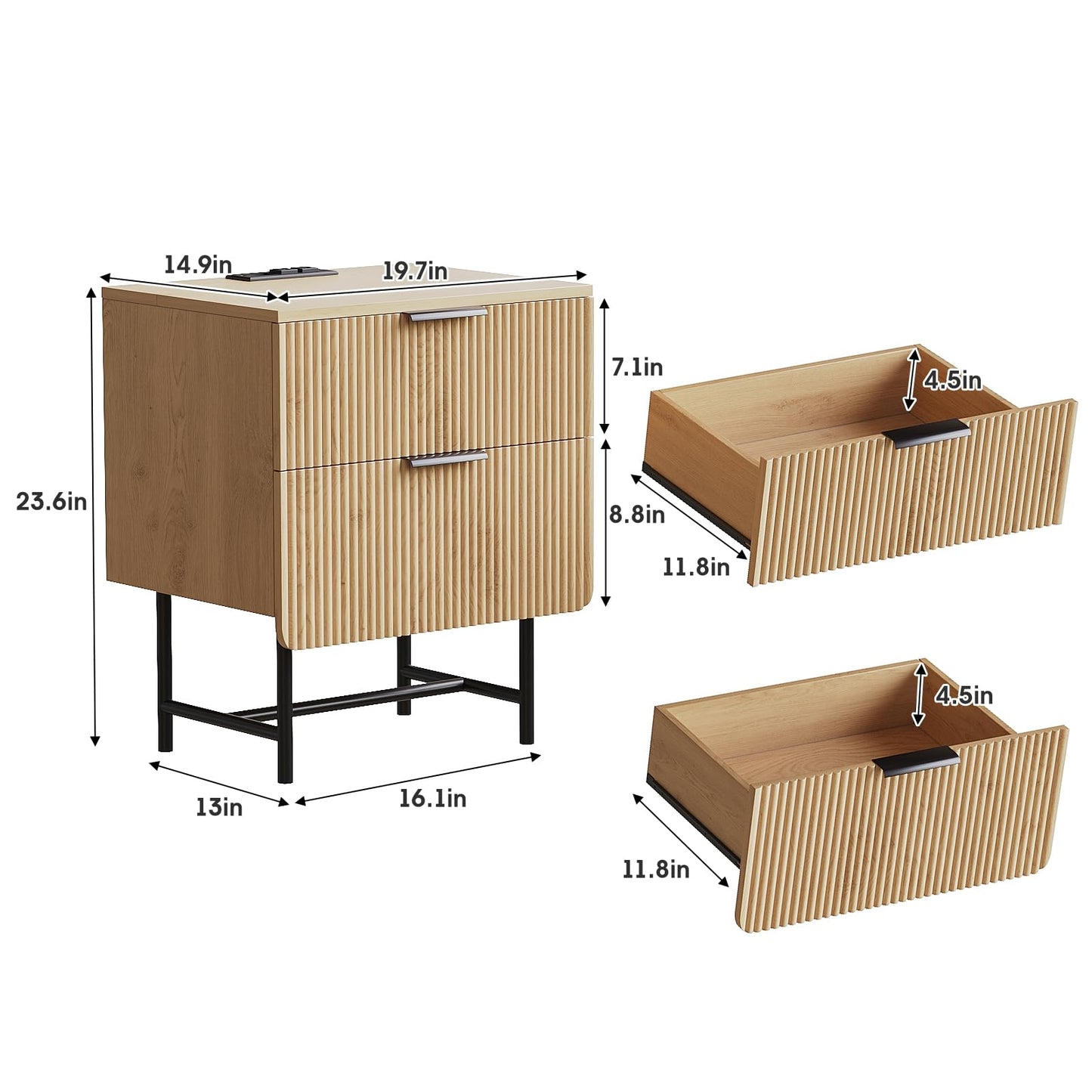 Fluted Nightstand with Charging Station, 20" Modern Bedside Table with 2 Drawers for Bedroom, Mid Century Modern End Table with Storage for Living Room, Natural Oak (1 Piece)