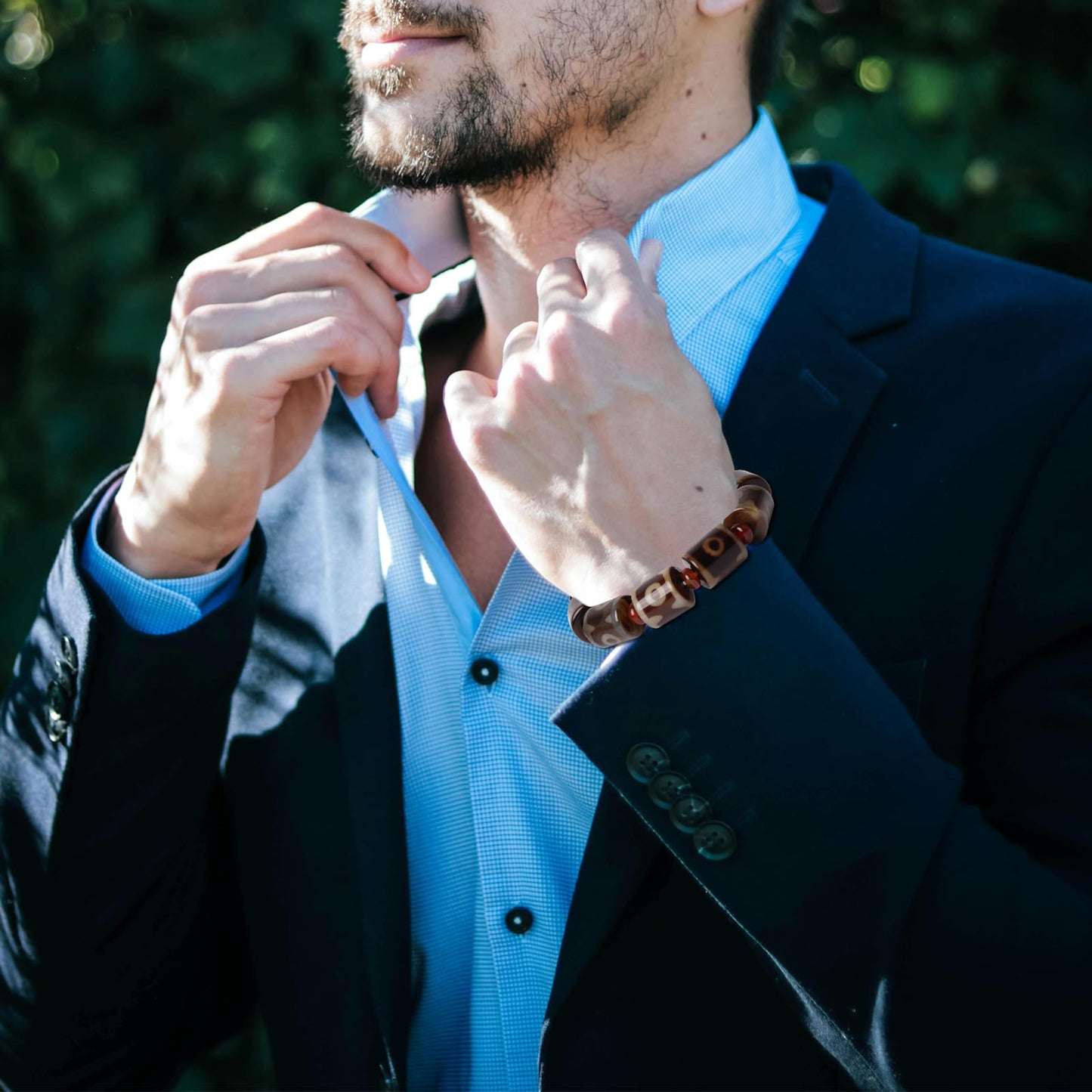 Rhinenet Tibetan Dzi Beads Bracelet Mala Beads Luxury Jewelry Agate Elastic Bracelet Amulet Bangle Attract Good Luck for Women Men (Dark Brown)