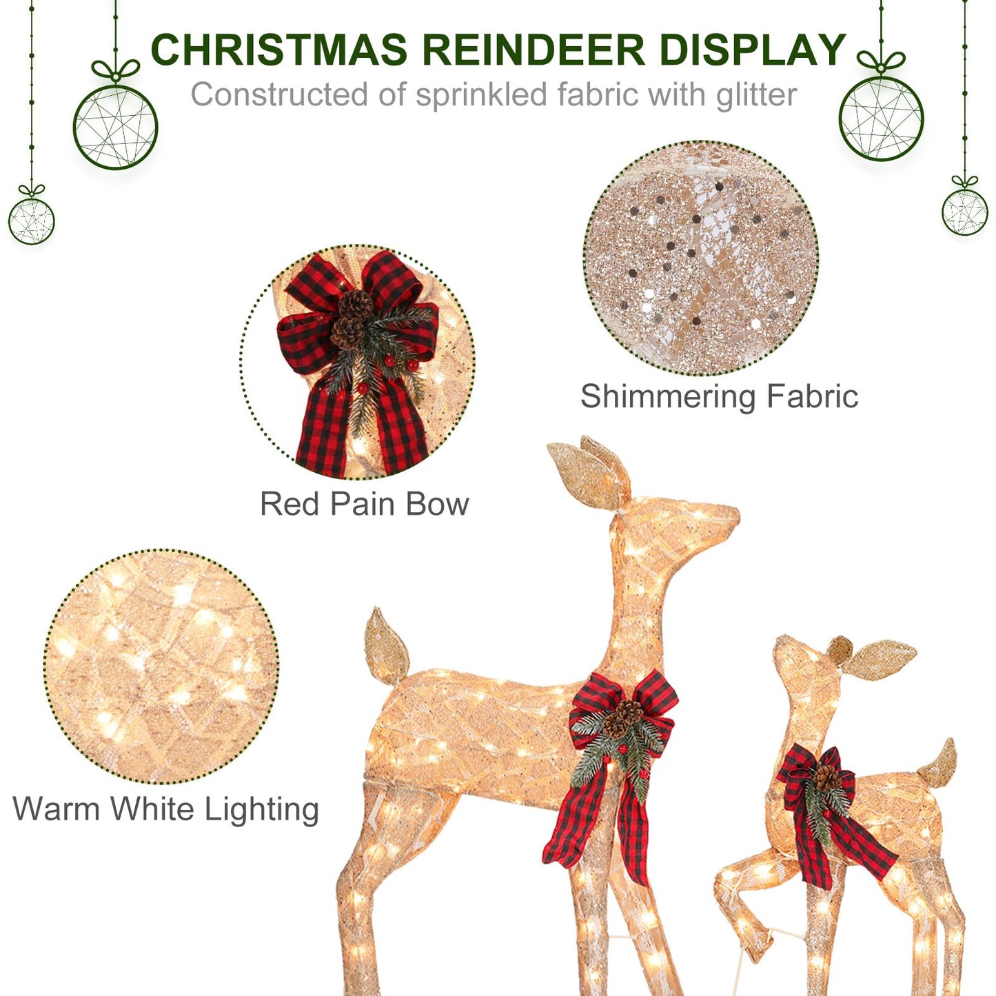 2 Pack Reindeer Christmas Decoration with 105 Lights Xmas Lighted Golden Glittering Deer for Indoor Outdoor Yard Lawn Decoration