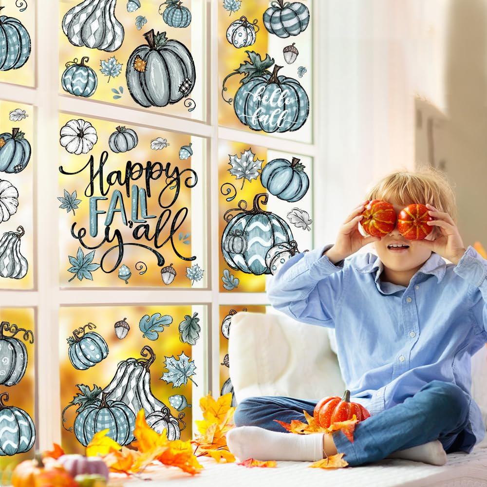 YUJUN 6 Sheets Thanksgiving Fall Window Clings, Pumpkin Maple Leaves Blue Oil Painting Decals Stickers for Autumn Glass Home Decor and Fall Decoration