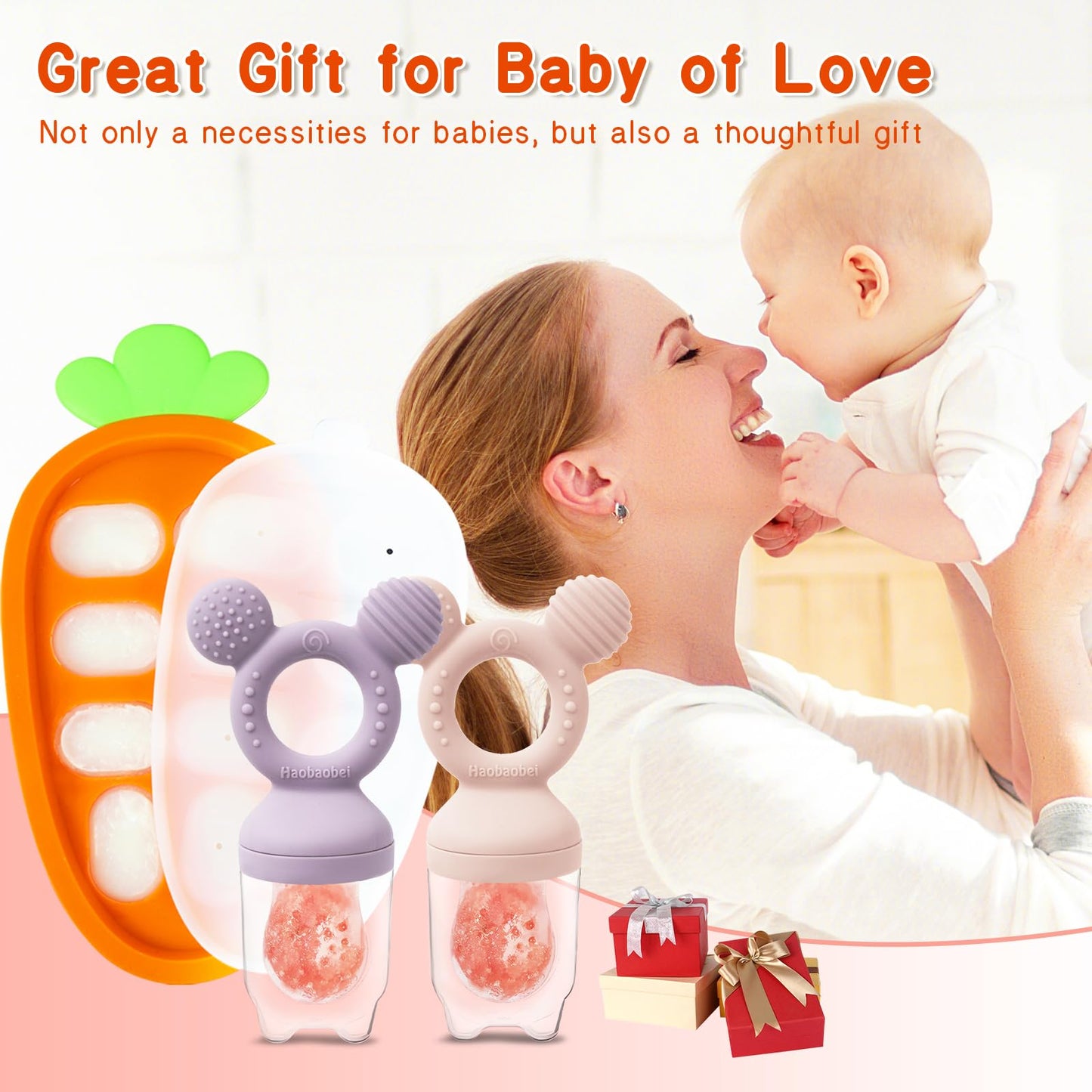 Baby Fruit Food Feeder - Silicone Nibble Tray Combo - Breastmilk Popsicle Mold for Cooling Relief, BPA Free Mesh Feeder for Infant Self Feeding (Lavender Pink + Carrot)