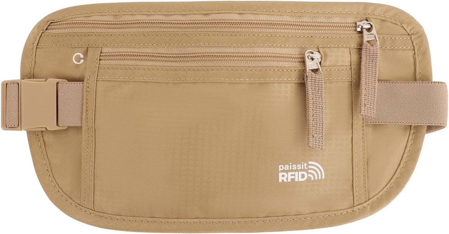 Unisex Money Belt For Men and Women, Slim Passport Holder RFID Blocking Travel Essentials Pouch with Adjustable Strap Small Waist Pouch for Workout Running Travelling Hiking, Beige