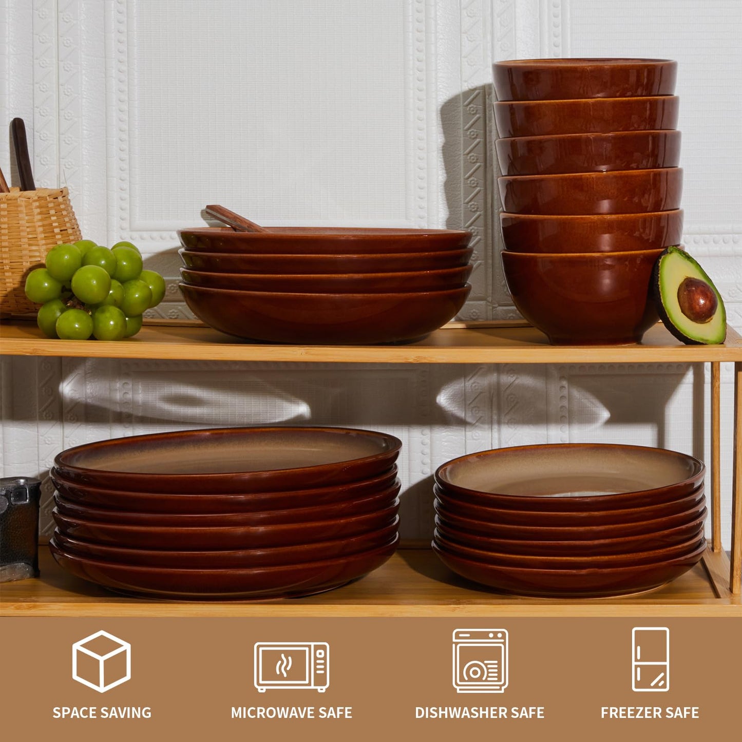 Pokini Stoneware Dinnerware Set Service for 4, 12 pcs Reactive Glaze Plates and Bowls Sets, Handmade Round Dishes Set, Highly Chip and Crack Resistant Modern Plate Set, Brown Yellow