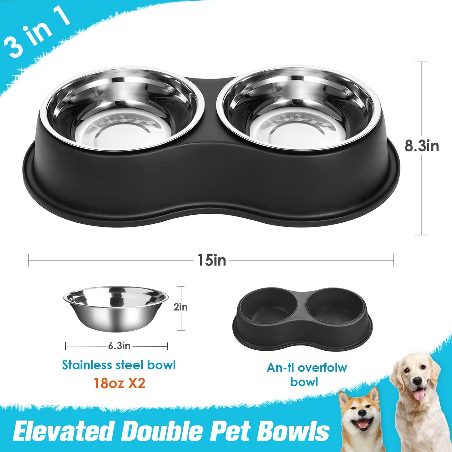 Epetslove Dog Bowls Double Dog Water and Food Bowl Stainless Steel Bowl with Non-Slip Resin Station, Pet Feeder Bowls for Puppy Medium Dogs Cats