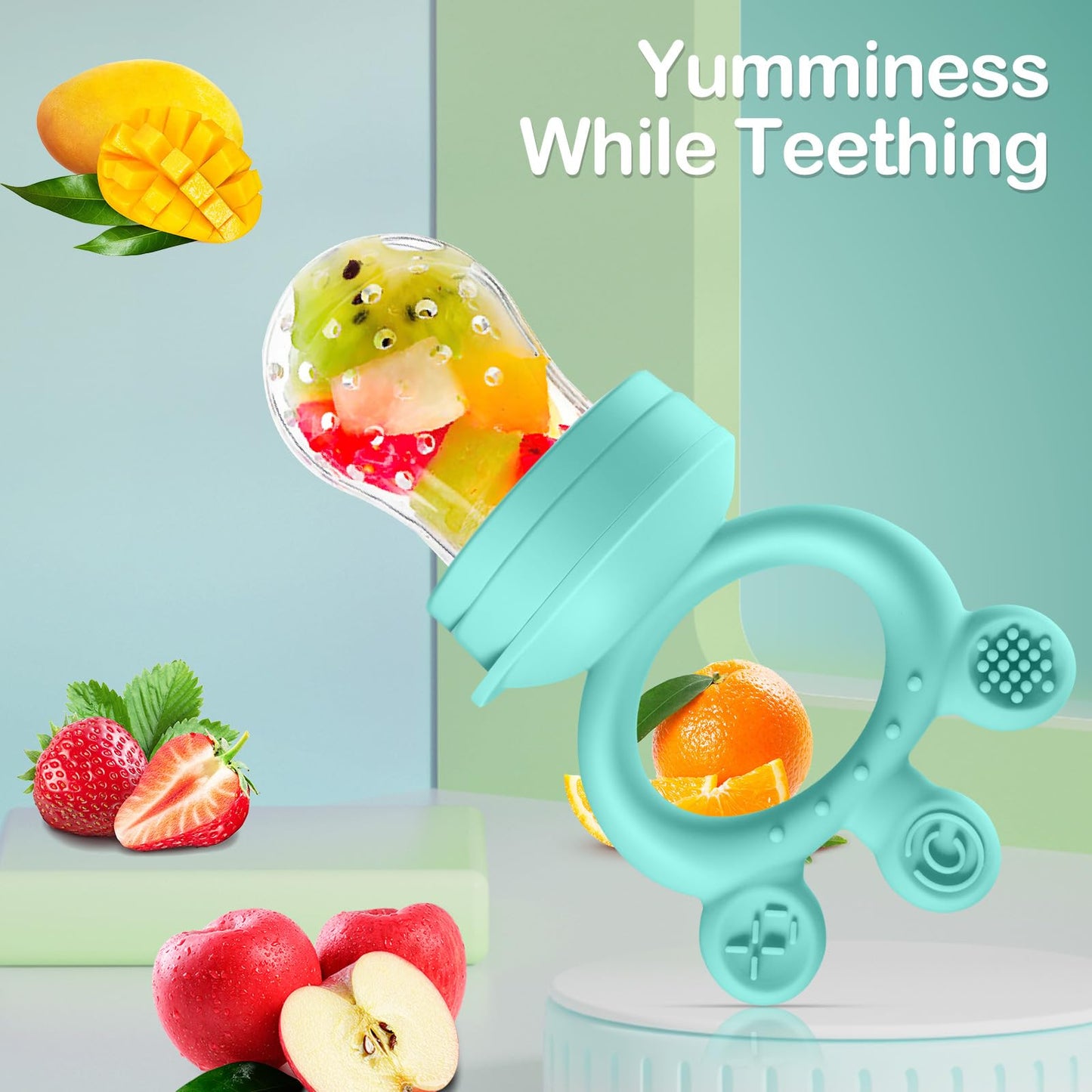 Baby Fruit Feeder, with Mini Freezer Tray, Silicone Teething Toys, Breastmilk Popsicle Molds for Baby Teething Relief, Includes 4 Mesh Pacifier