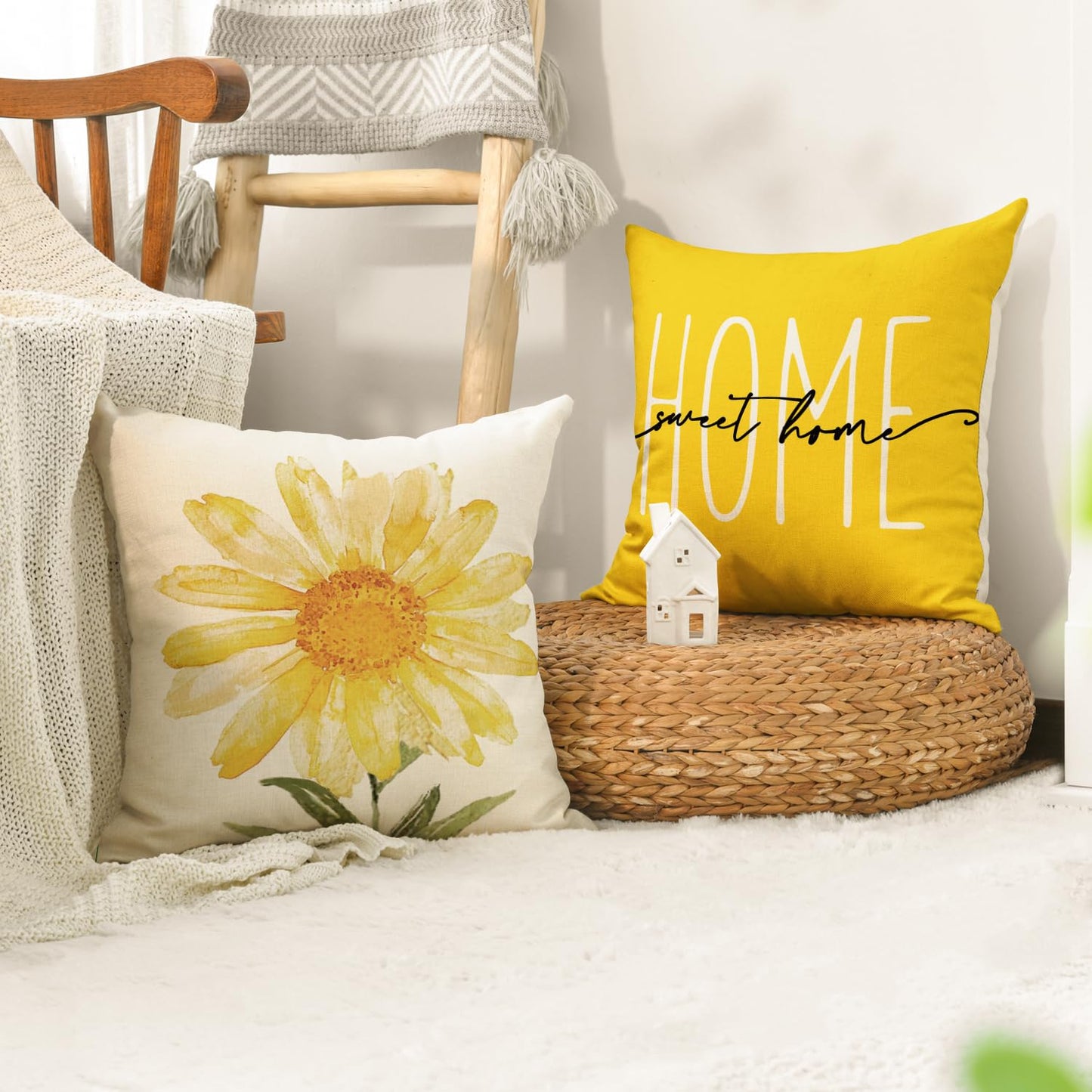 AVOIN colorlife Home Sweet Home Spring Summer Flowers Yellow Throw Pillow Covers, 18 x 18 Inch Cushion Case for Sofa Couch Set of 4