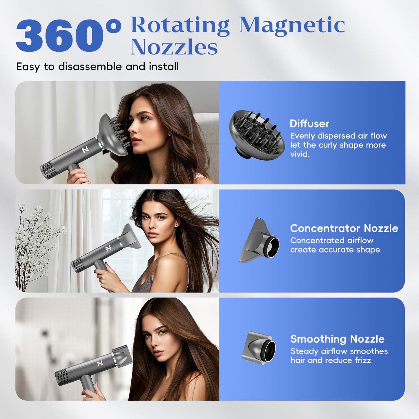 Natrial Ionic Salon Hair Dryer with 3 Attachments, 1600W Professional Blow Dryer with 110000RPM High Speed Brushless Motor for Fast Drying, Lightweight, Low Noise, Locking Function, 4 Temps & 3 Speeds