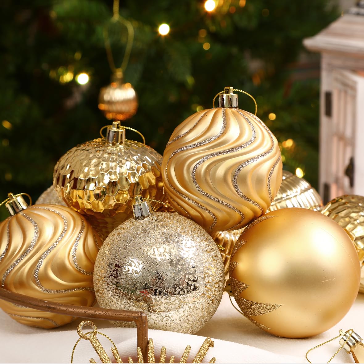 SHareconn 80pcs Christmas Balls Ornaments Set, Contemporary Light Luxury Gift Set, Shatterproof Plastic Decor for Xmas Tree Holiday Wedding Party Decorations with Hanging Strings, Dark and Light Gold