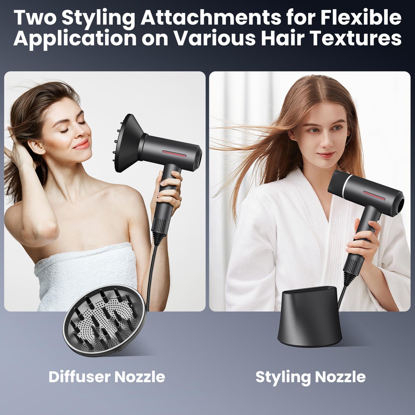 Hair Dryer, 1600W Professional Ionic High-Speed Blow Dryer for Fast Drying with Diffusers Nozzle and Styling Nozzle, Lightweight, Ultra-Quiet, Hair Dryer with 180000RPM Brushless Motor