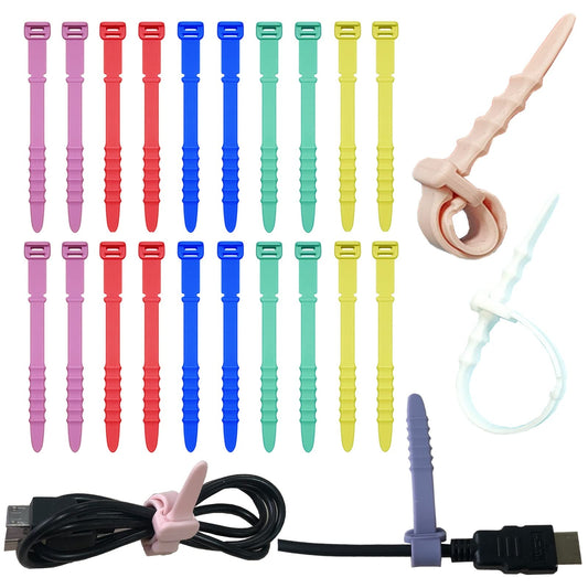 Silicone Zip Ties, Reusable Zip Ties, 20pcs Rubber Cable Ties Straps for Wire Management, Elastic Cable Organizer for Home Office Table Desk. 4.5” Cord Ties in White, Black, Pink, Purple and Blue
