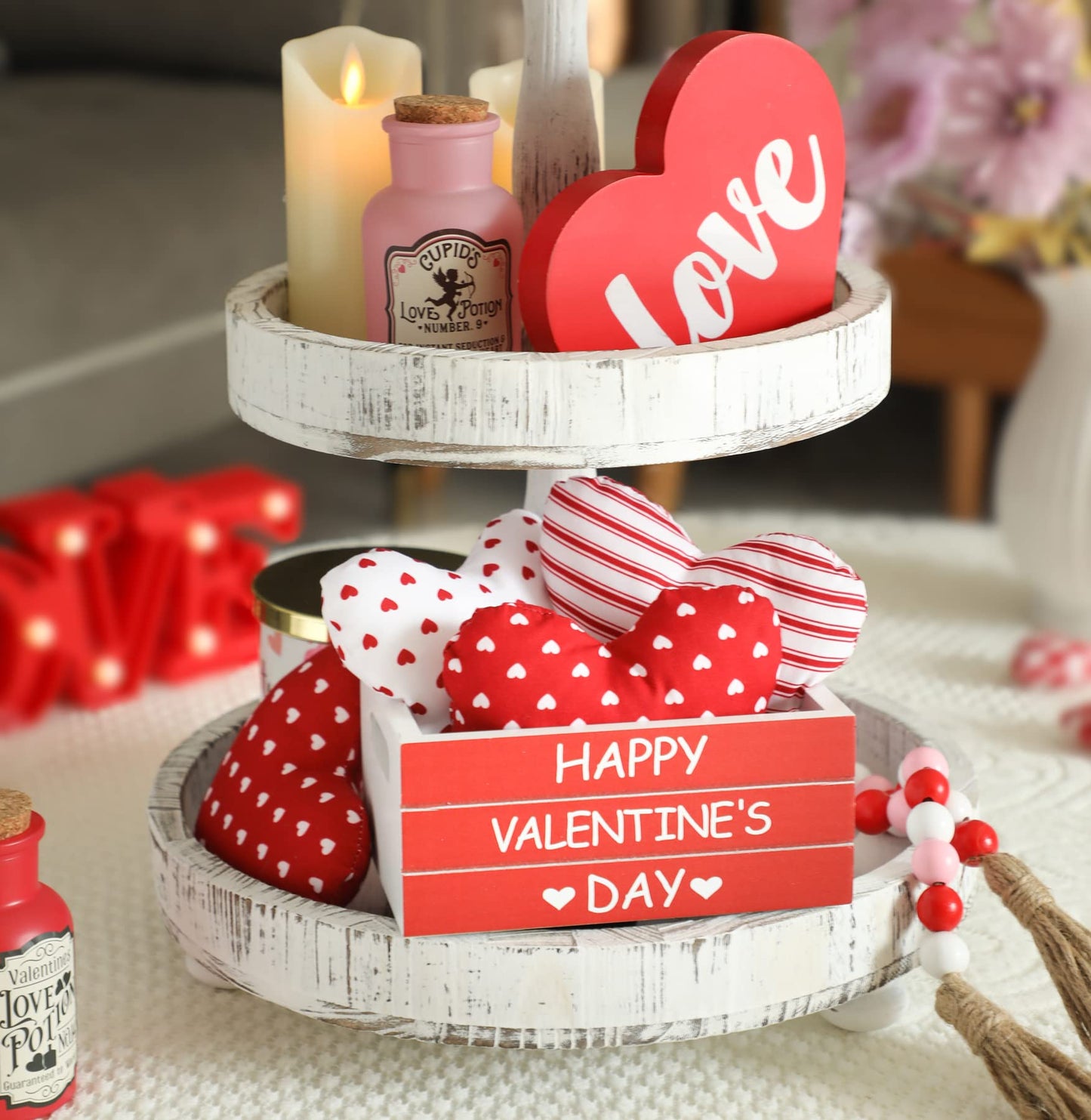 KORMMCO Valentine Decor Wooden Created with 3 PCS Fabric Heart, Valentines Table Centerpiece,Farmhouse Table Decor for Tiered Tray, Valentine's Home Kitchen Decor,Red