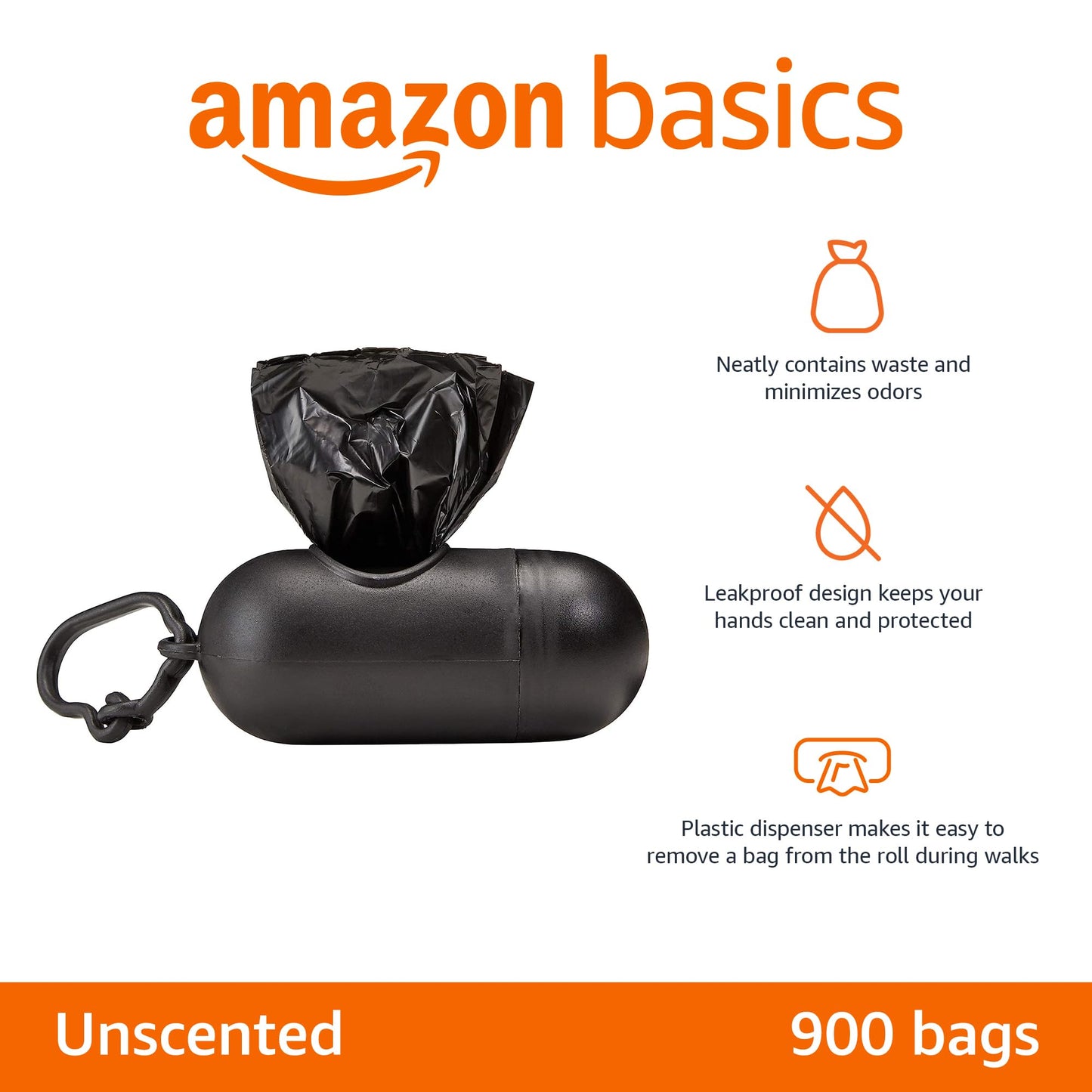 Amazon Basics Dog Poop Leak Proof Bags with Dispenser and Leash Clip, Unscented, 300 Count, 20 Pack of 15, Black, 13 x 9 Inch