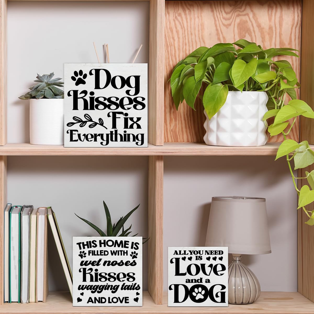 3 Pcs Dogs Wood Signs Decor Dog Lover Wood Block Sign Farmhouse Dog Themed Wooden Box Signs Decorations for Home Tiered Tray Desk Table Shelf