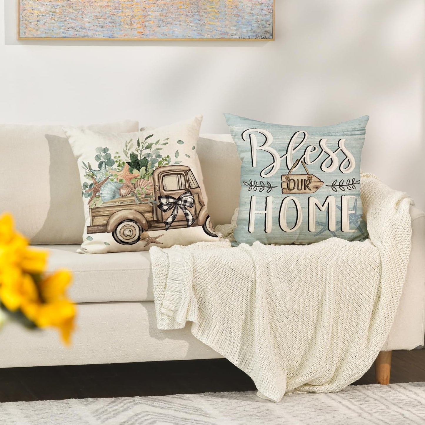 AVOIN colorlife Bless Our Home Eucalyptus Leaves Starfish Throw Pillow Covers, 18 x 18 Inch Seasonal Spring Summer Truck Home Sweet Home Cushion Case Decorations Set of 4
