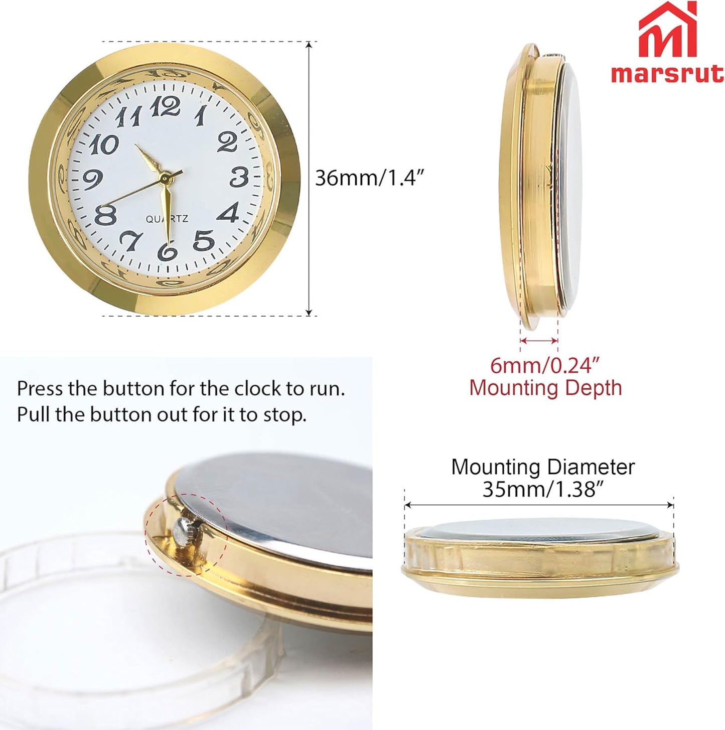 4PCS Mini Clock Insert Face Replacement, Fit 35mm (1.38") Hole Diameter, Round Inner Miniature Crystal Roman Numeral Quartz Movement Metal Gold Silver Bezel Supplies for DIY Craft Repair Easy Read