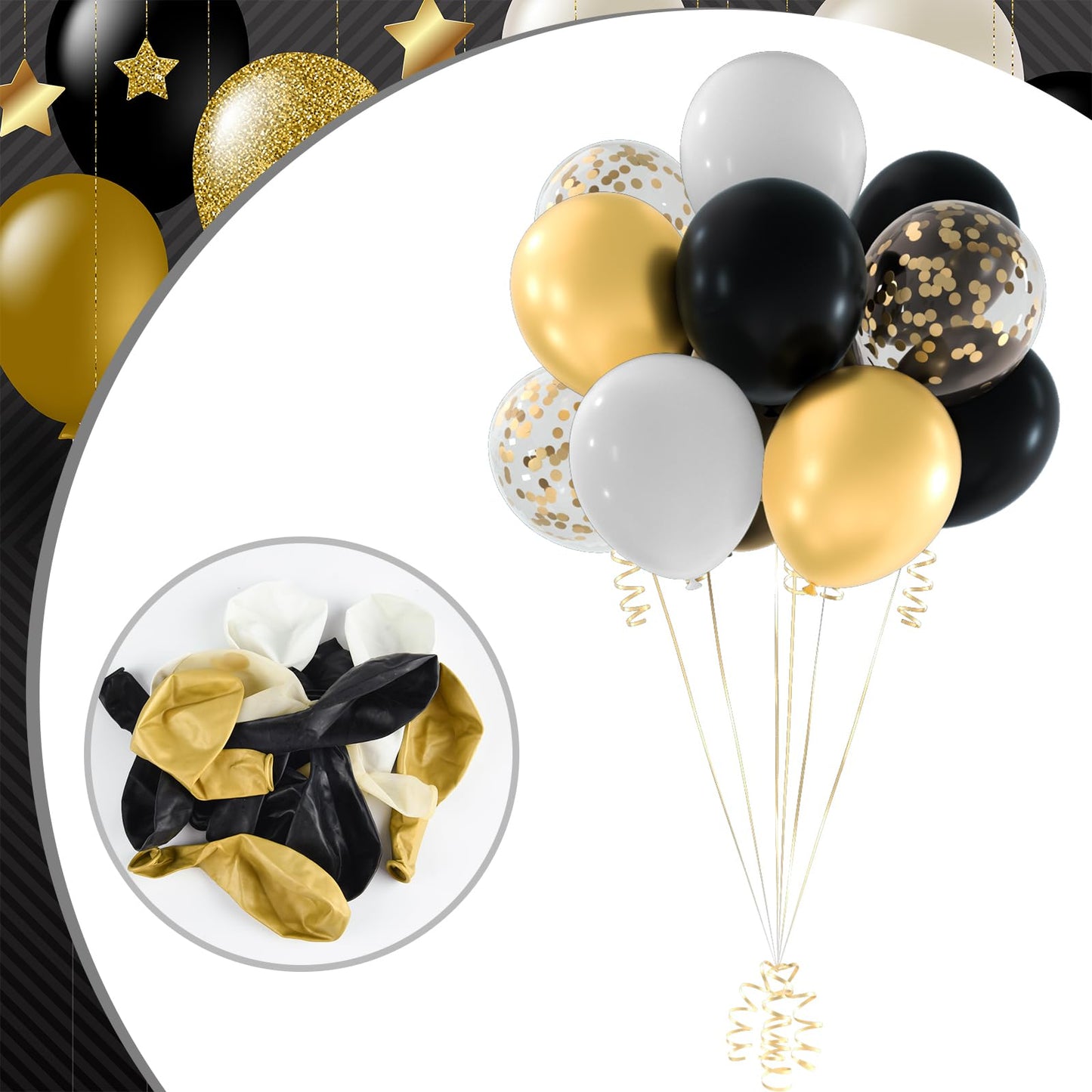 NEBURORA Black and Gold Confetti Balloons 60pcs 12inch Metallic Gold White and Black Confetti Balloons with Ribbons for Birthday Party Wedding Graduation Holiday Celebrating