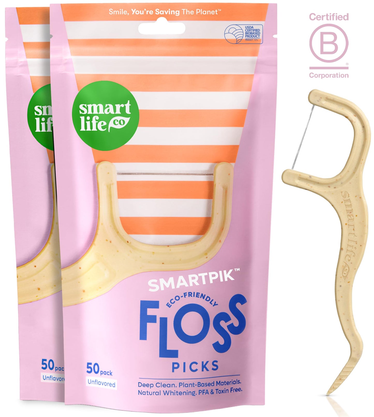 SmartLifeco Biodegradable* Dental Floss Picks - Eco-Friendly Tooth Flosser for Adults & Kids | Straw Wheat Unwaxed Floss | Toothpick Stick Soft On Gum & Teeth | Compostable*, Vegan, Unflavored 100ct