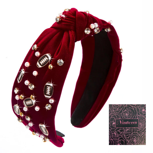 Women's Fashion Football Headband Black Red Orange Blue Pearl Rhinestone Jeweled Knotted for Girl's Fashion Cute Wide Headband for Mother's Day,Christmas,Birthday Gift