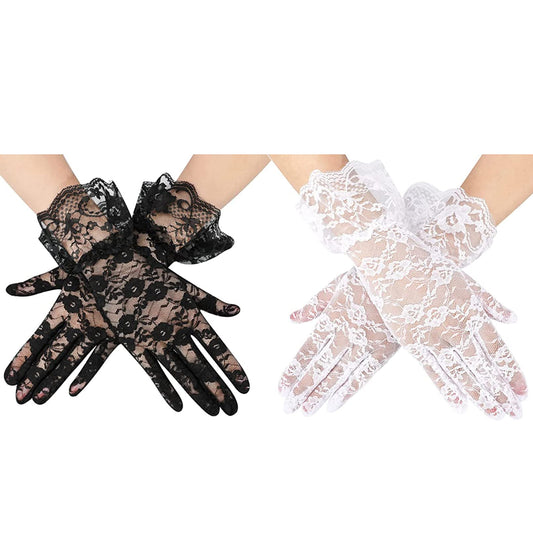Luwint 2 Pairs Floral Short Lace Gloves for Wedding Cosplay Party, Black and White