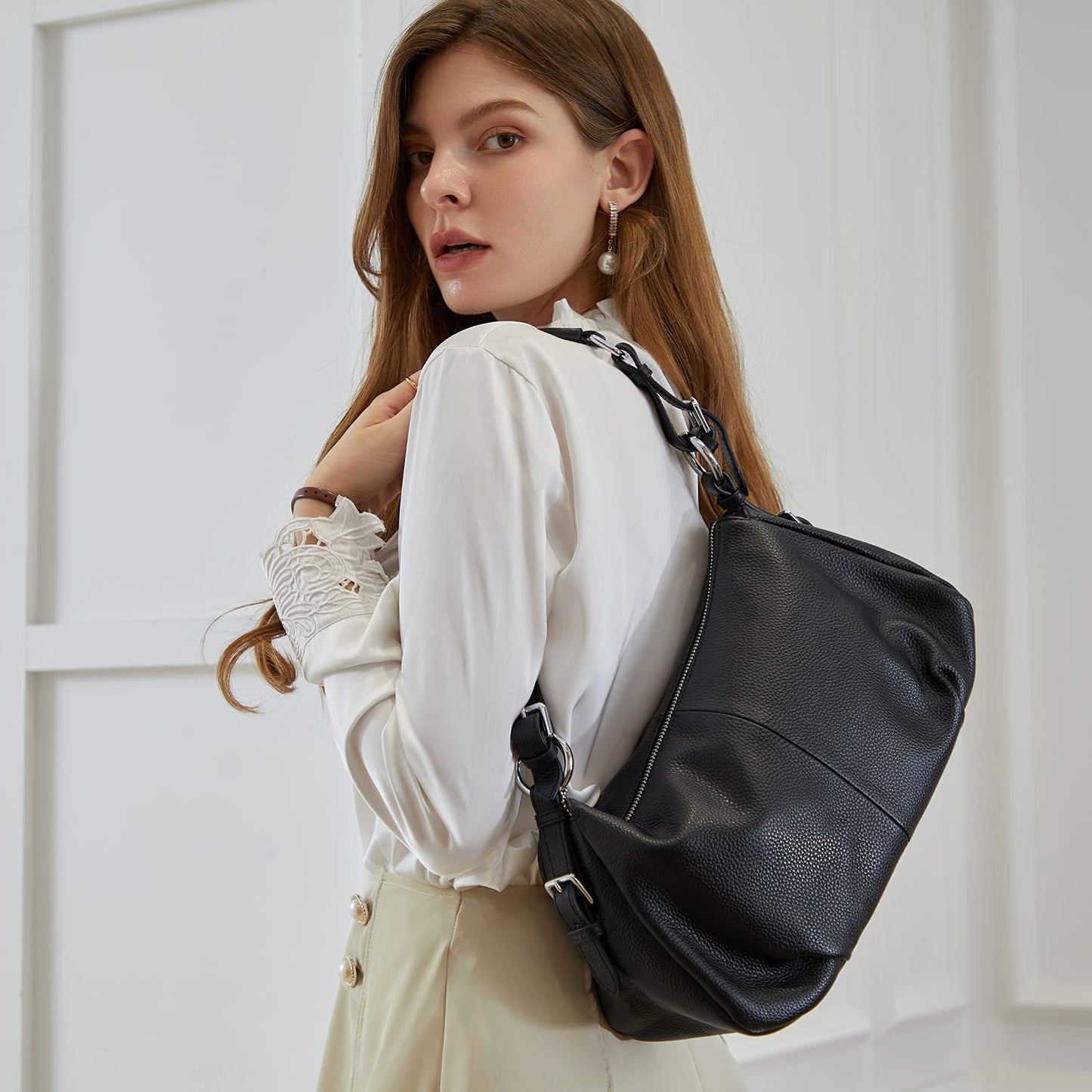 HESHE Leather Purses and Handbags Hobo Shoulder Bags Tote Bag Crossbody Purse Ladies Designer Satchel Bags(Black)