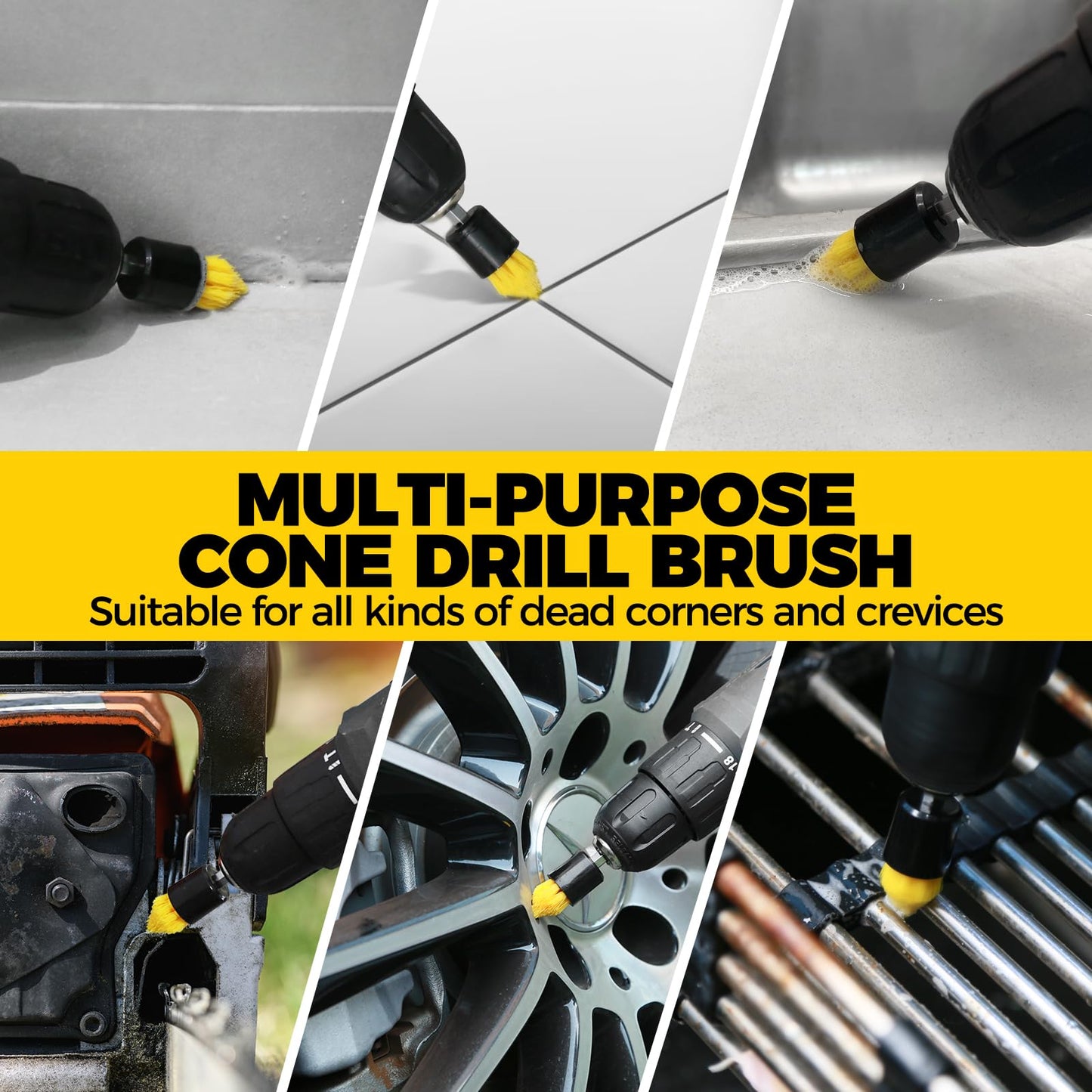 Holikme 6Pack Drill Brush Power Scrubber Cleaning Brush Extended Long Attachment Set All Purpose Drill Scrub Brushes Kit for Grout, Floor, Tub, Shower, Tile, Bathroom and Kitchen Surface,Yellow